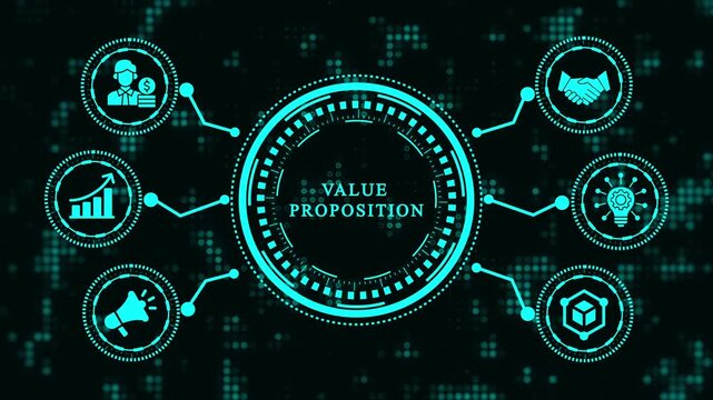 Animated value proposition concept with icons and text in the center, symbolizing a business presentation, idea generation, and strategic planning for success