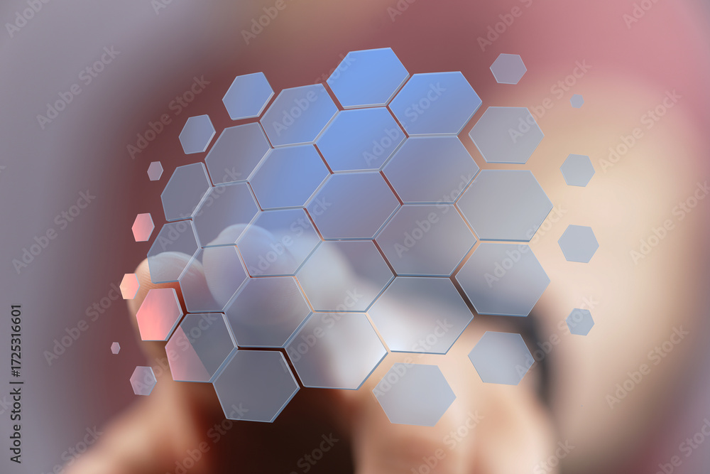 Poster abstract image of a finger interacting with a hexagon network, representing digital technology, conn