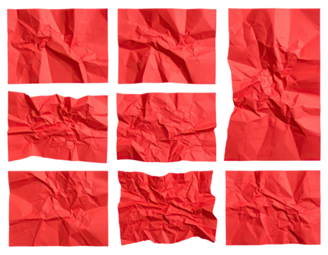 Nine crumpled red paper squares, framed