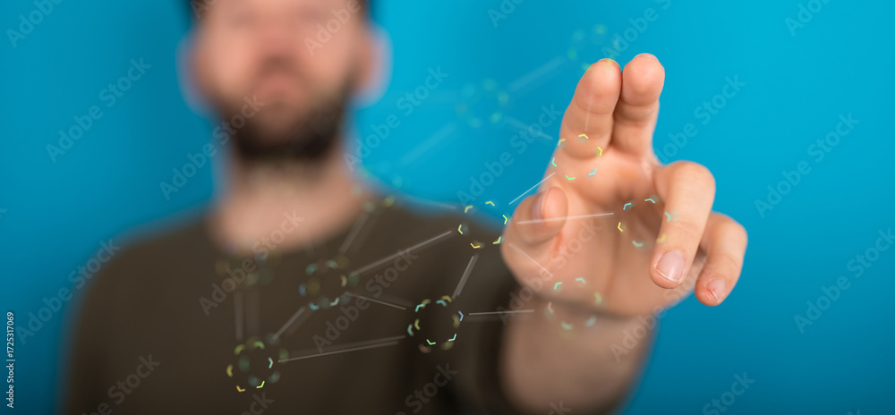 Poster Abstract image of a man's hand interacting with a digital network, representing connection and technology.