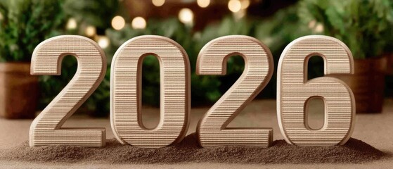 Wooden numbers 2026 displayed in a festive setting with greenery in the background, symbolizing hope and celebration for the new year