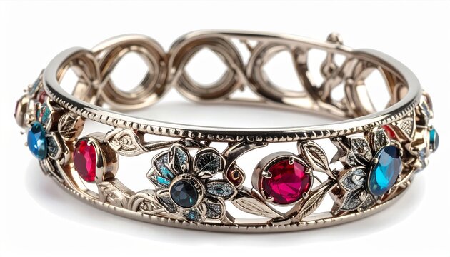 Openwork Silver Bracelet Decorated with Multicolored Jewels on White Background