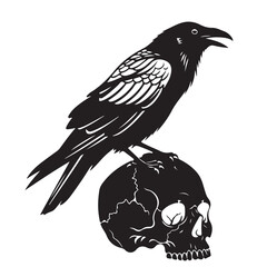 Graphic Illustration of a Raven Perched on a Human Skull