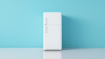 White retro fridge in an empty room with a blue wall and black wooden floor - billboard banner template mockup with place for text and logo