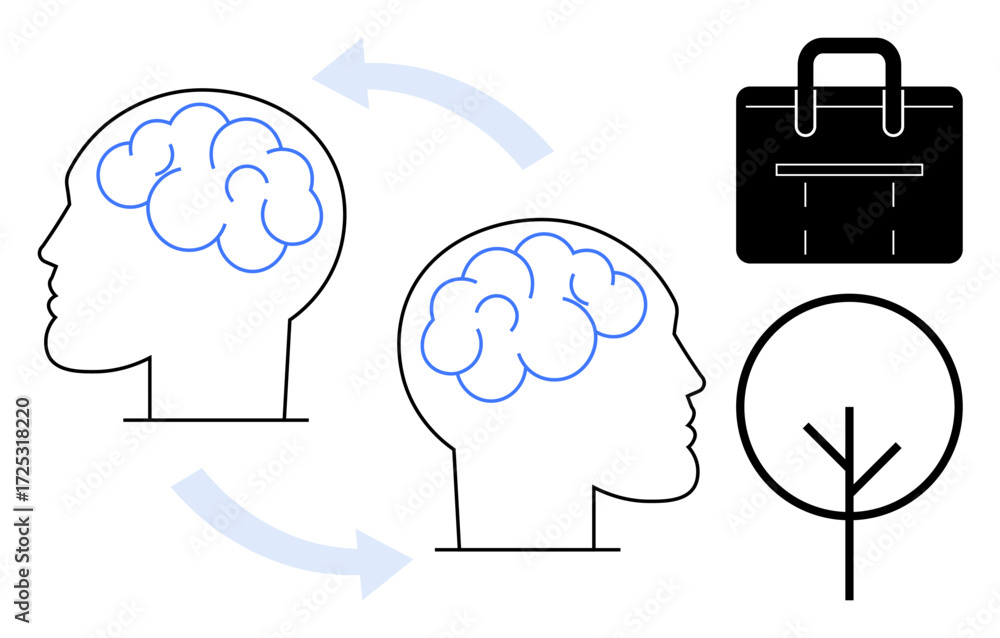 Poster two outlined heads with brains connected by arrows, representing idea sharing. includes a briefcase 