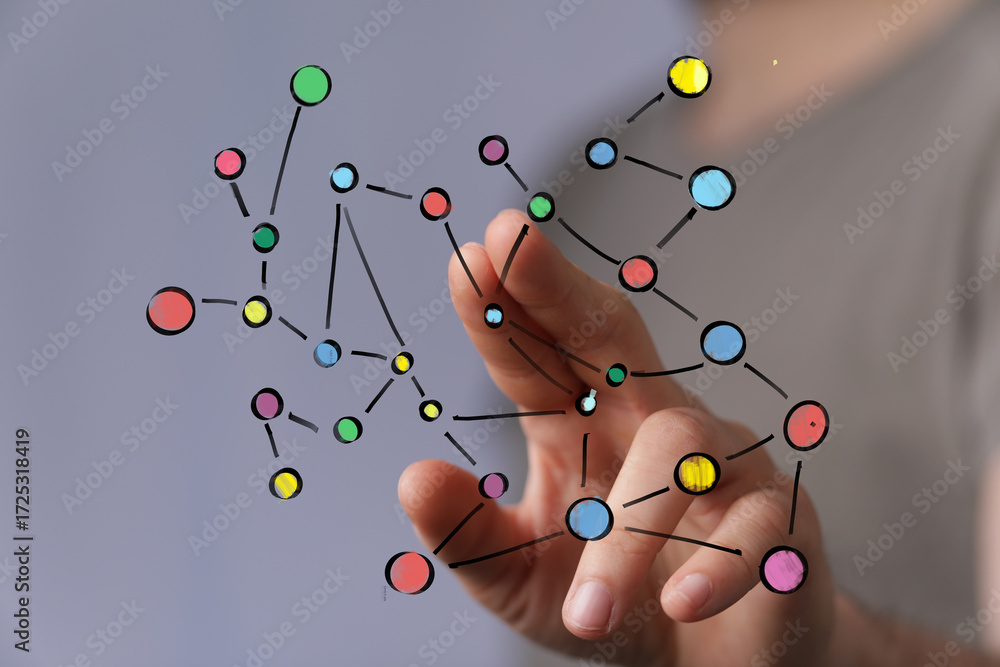 Poster abstract image of hand interacting with a colorful network, representing connection, technology, and