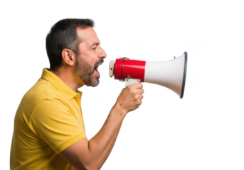 Man shouting into megaphone expressing loud announcement or protest message clearly isolated on transparent background