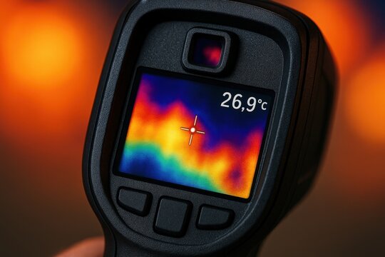 professional tool instrument efficiency concept. Thermal imaging camera displaying temperature readout and colorful spectrum.