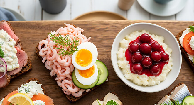 Herring dish with rye bread, onions, mashed potatoes and cranberries