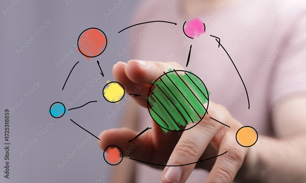 Poster abstract image of hand interacting with colorful network diagram. ideal for business, technology, an