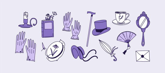 Doodle set of Jane Austen era elements. Vector Georgian and Regency era collection. Mirror, gloves, hat, umbrella, book, flowers, candle, tea cup, fan, cane, letter. 18th-19th centuries of Britain