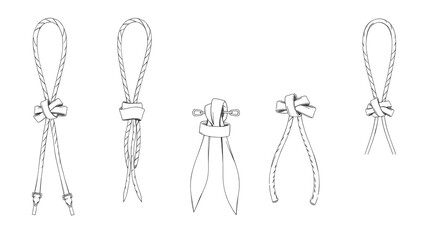 DRAWSTRING CORD FLAT SKETCH SET OF TIE KNOT WITH AGLETS FOR WAIST BAND, BAGS, SHOES, JACKETS, SHORTS, PANTS, DRESS GARMENTS, DRAWCORD AGLETS FOR CLOTHING AND ACCESSORIES VECTOR ILLUSTRATION