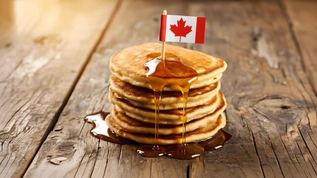 Cinematic video of fluffy pancakes stack with golden maple syrup dripping slowly on rustic wooden table, authentic Canadian breakfast concept with warm light and appetizing food scene