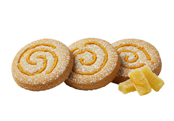 Fototapeta premium Three gourmet ginger shortbread cookies with orange zest, powdered sugar, and a candied ginger piece, arranged on a seamless transparent background in a studio. Gourmet baking concept