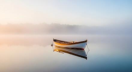 Tranquil boat on calm misty lake at sunrise