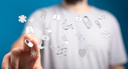 Doctor touching digital medical icons.  Innovation, health, technology.