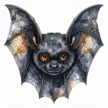 Watercolor Painting of Gray Bat with Orange Eyes and Textured Wings Isolated on White Background