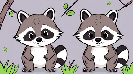 Fototapeta premium Logic puzzle for children and adults. Can you find two identical raccoons? Page for kids brain teaser book. Task for attentiveness. IQ test. Play online. Vector cartoon illustration.