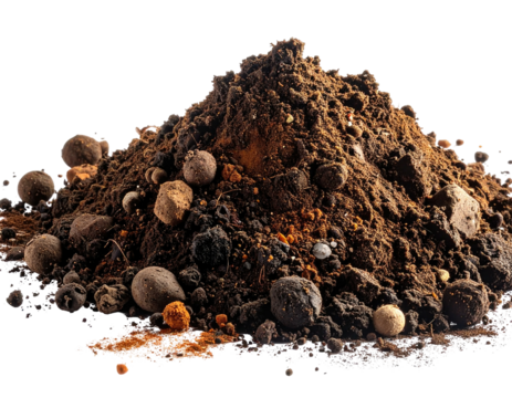 Dark brown soil pile with varied inclusions