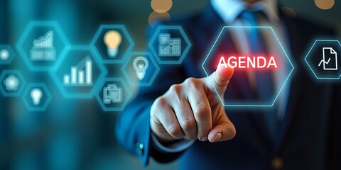 Business strategy planning with agenda concept, futuristic digital interface with graphs, icons, and technology integration
