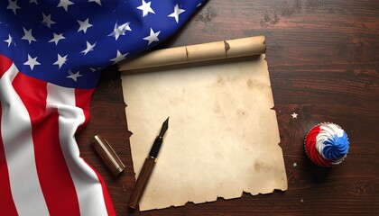 President's Day Celebration Concept with American Flag, Vintage Paper, and Cupcake.