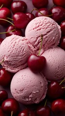 Cherry Blossom Delight: A close-up showcases a symphony of flavors, where luscious scoops of ice cream are intertwined with ruby-red cherries. It is a sensory feast of color, texture.