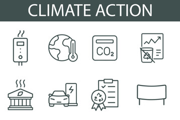 Climate Action Icon Set – Vector Illustrations of CO₂ Emissions, Electric Cars, Recycling, Global Warming, and Policy Tools for Environmental Awareness and Sustainability Projects