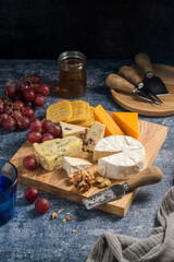 Cheese board, different types of cheese on a board, served with grapes and dried fruits.