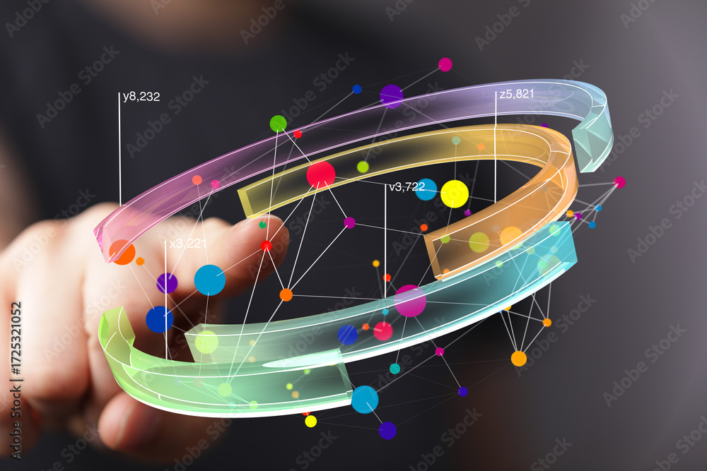 Poster abstract image of a hand interacting with a 3d data visualization. colorful nodes and arcs represent