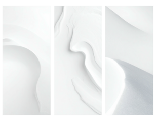 Three panels of textured, white, flowing forms, seemingly snow or sand
