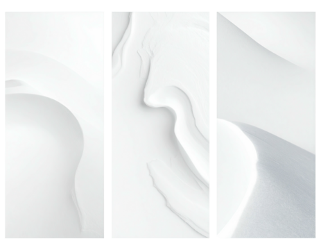 Three panels of textured, white, flowing forms, seemingly snow or sand