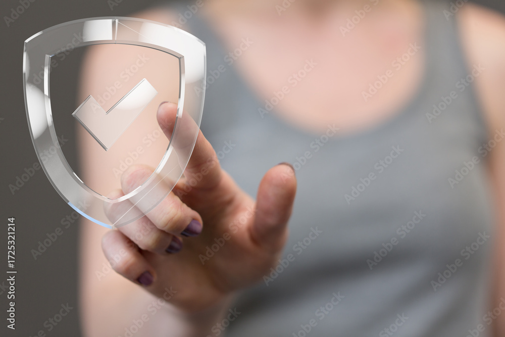Poster hand holding a transparent shield with a checkmark, symbolizing data security and protection.