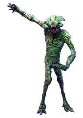 3D Rendering Green Alien on White