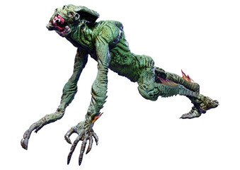 3D Rendering Green Alien on White