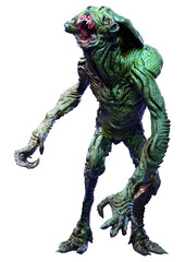 3D Rendering Green Alien on White