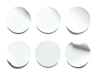 Six blank, white, circular stickers or labels with torn edges, arranged in a 2x3 grid