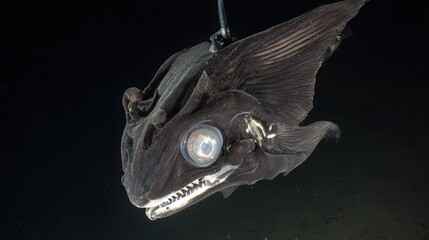 Fototapeta premium chimaera. A deep-sea chimaera glowing with bioluminescent forehead lights in the dark ocean abyss. wildlife magazines, conservation campaigns, designed for eco-tourism storytelling.