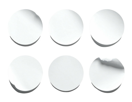 Six blank, white, circular stickers or labels with torn edges, arranged in a 2x3 grid