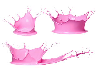 Three vibrant pink paint splashes, crown-like in shape, isolated on black