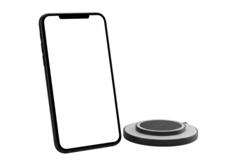Modern black smartphone with blank white screen, angled & elevated, next to minimalist wireless charging pad on transparent studio background, concept for elegant tech display