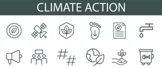 Climate Action Icon Set – Vector Illustrations of Leaves, Footprints, Recycling, Megaphones, and Community Symbols for Sustainability, Policy, and Environmental Awareness Projects