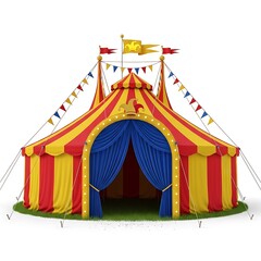 A vibrant circus tent with red and yellow stripes, royal blue curtains, and festive decorations sits on a grassy area.