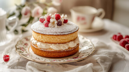 Classic Sponge Cake with Berries and Powdered Sugar