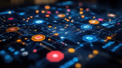 Abstract Digital Network Technology:  A Futuristic Circuit Board Visualization
