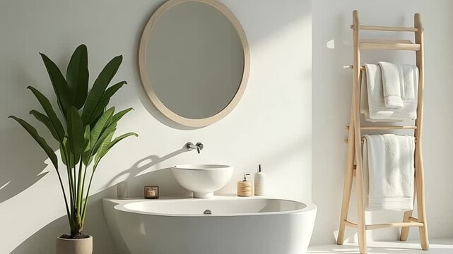 Bright bathroom interior with round mirror, bathtub, plant and wooden towel ladder