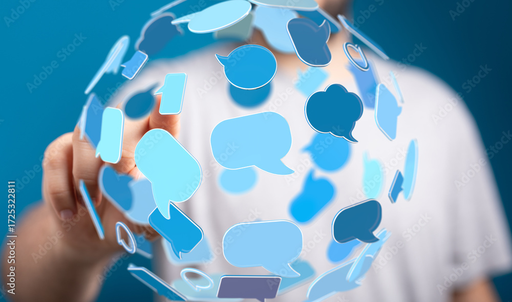 Poster person interacts with a digital sphere of speech bubbles, representing global communication and netw