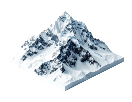 Isometric view of a snow-capped mountain peak.  Snowy slopes and sharp, rocky peaks.  Square base