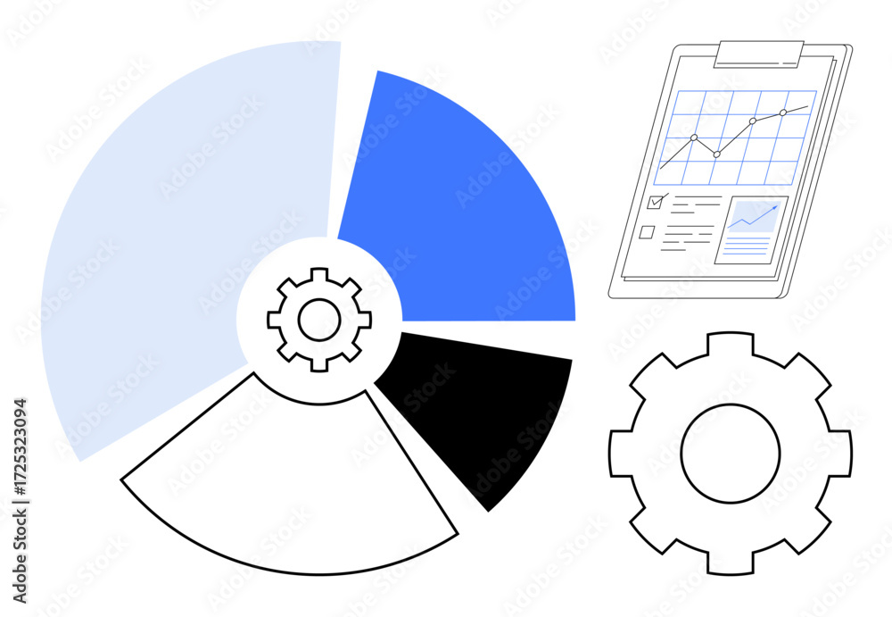 Poster pie chart divided into segments, gear representing process, clipboard with data chart. ideal for ana