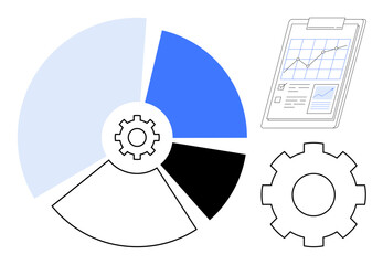 Pie chart divided into segments, gear representing process, clipboard with data chart. Ideal for analytics, data management, strategy, progress tracking, workflow, efficiency simple flat metaphor