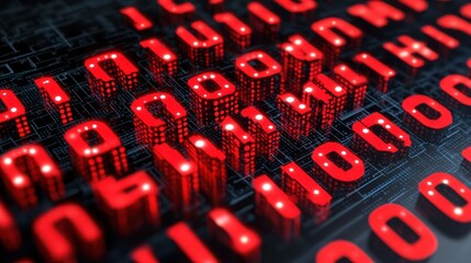 Abstract Digital Binary Code: Red Illuminated Numbers on Circuit Board